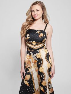 GUESS נשים עליונית צעיף סאטן של Basma F8RV1206 לבוש הדפס מעטפת שחור