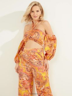 GUESS נשים עליונית קאבו פייזלי עם כתף קרה F8RV1612 לבוש קאבו פייזלי