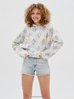 GUESS נשים קפוצ'ון לוגו המקורי F8RV1299 לבוש מולטי לבן טהור