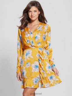 GUESS נשים שמלה מודפסת מימוזה אקולוגית F8RV718 לבוש הדפס פריחת זהב