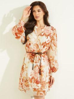 GUESS נשים שמלת אקו מורגן F8RV667 לבוש הדפס פרחוני יער לבן