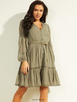 GUESS נשים שמלת גזה חגורה של אריטה F8RV917 לבוש חזזית עלה ירוק רב