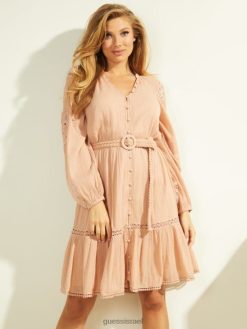 GUESS נשים שמלת גזה חגורה של אריטה F8RV918 לבוש ברונזה עור רב