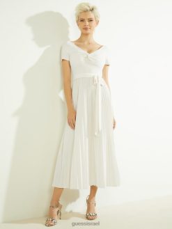 GUESS נשים שמלת חגורה אקולוגית F8RV789 לבוש לבן שמנת