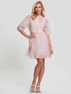 GUESS נשים שמלת מיה בתערובת משי F8RV501 לבוש מולטי ורוד רגוע