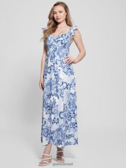 GUESS נשים שמלת מקסי אקולוגית F8RV556 לבוש פריטי אספנות כחולים