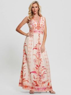 GUESS נשים שמלת מקסי מודפסת של גיזל F8RV435 לבוש כבש מחדש את הרומנטיקה