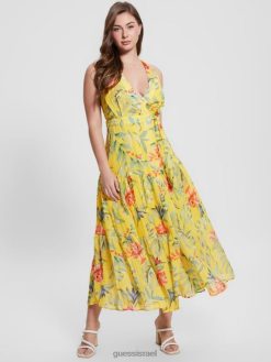 GUESS נשים שמלת מקסי מעטפת אקו מארה F8RV458 לבוש הדפס טרופי של שעת הזהב