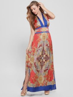 GUESS נשים שמלת מקסי קפוצין F8RV337 לבוש ורוד בארוק