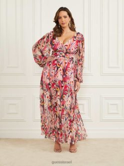 GUESS נשים שמלת מקסי קפלים של Wonderland F8RV559 לבוש הדפס ארץ הפלאות