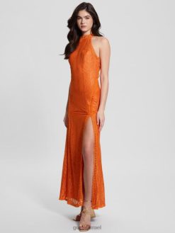 GUESS נשים שמלת מקסי תחרה שקיעה F8RV380 לבוש סלושי כתום