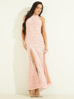 GUESS נשים שמלת מקסי תחרה שקיעה F8RV597 לבוש ורדים ורודים רב