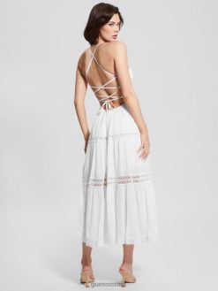 GUESS נשים שמלת סאפה מקסי תחרה F8RV341 לבוש לבן טהור