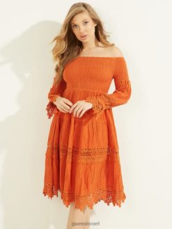 GUESS נשים שמלת ענבר מחוץ לכתף F8RV729 לבוש multi blaze gold