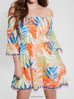 GUESS נשים שמלת שמש אקו שארלוט מחוץ לכתף F8RV342 לבוש הדפס הוואנה