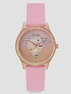 GUESS נשים שעון אנלוגי סיליקון לוגו שקוף מנצנצים F8RV3636 אבזר ורוד זהב