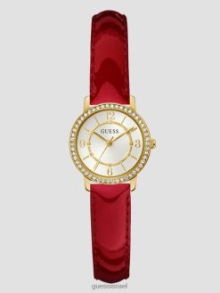 GUESS נשים שעון אנלוגי קריסטל ועור אדום F8RV3634 אבזר זהב