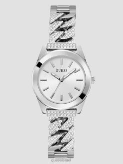 GUESS נשים שעון אנלוגי של שרשרת אבן קריסטל F8RV3577 אבזר כסף