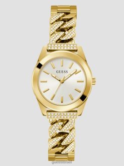 GUESS נשים שעון אנלוגי של שרשרת אבן קריסטל F8RV3638 אבזר זהב
