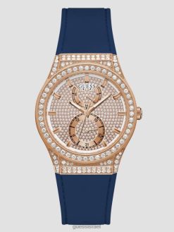 GUESS נשים שעון קריסטל סיליקון רב תכליתי F8RV3612 אבזר בגוון ורד זהב וכחול