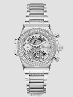 GUESS נשים שעון רב תכליתי חתוך קריסטל F8RV3560 אבזר כסף