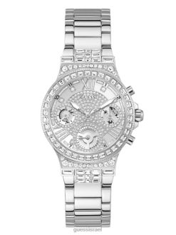 GUESS נשים שעון רב תכליתי ריינסטון F8RV3570 אבזר כסף