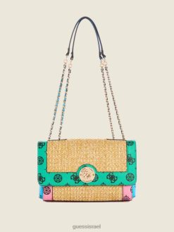 GUESS נשים תמיד raffia לוגו להמרה crossbody F8RV2992 תיקים ירוק טרופי רב