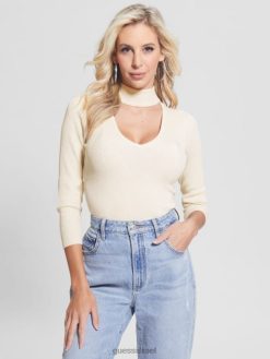 GUESS נשים lea cutout סוודר פאייטים F8RV1643 לבוש מולטי שמנת לבן