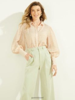 GUESS נשים rav crinkle העליון F8RV1645 לבוש קרם קקאו מולטי